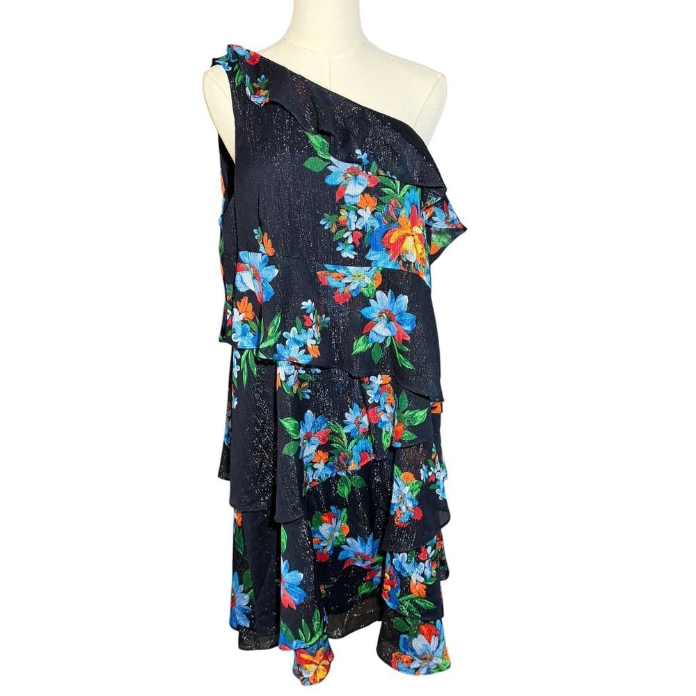 Lauren Ralph Lauren Metallic Floral Asymmetrical 1-shoulder ruffle Dress Size 18